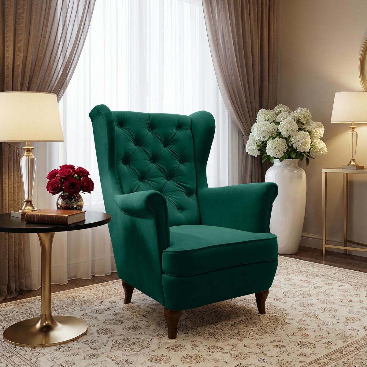 CHESTERFIELD-SESSEL Falco grün mit Holzbeinen - Wengefarben/Grün, Holz/Textil (82/102/92cm) - Beautysofa