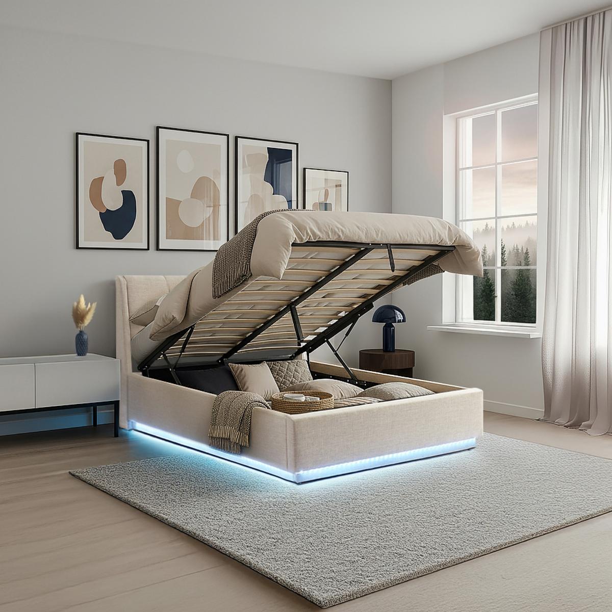 LED POLSTERBETT Tröstiar mit Matratze - Beige, Holzwerkstoff/Kunststoff (140/200cm) - [en.casa]