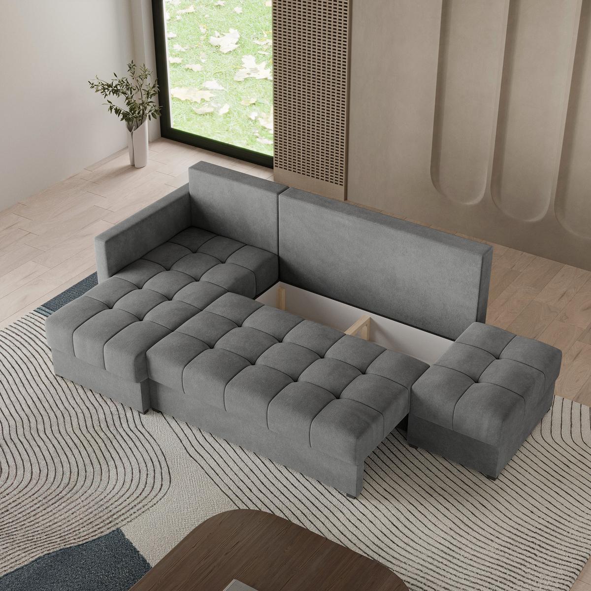ECKSOFA LUMARI L-S Grau Plüsch-Stoff mit Schlaffunktion - Grau, Holz (262/143cm) - MASSENO
