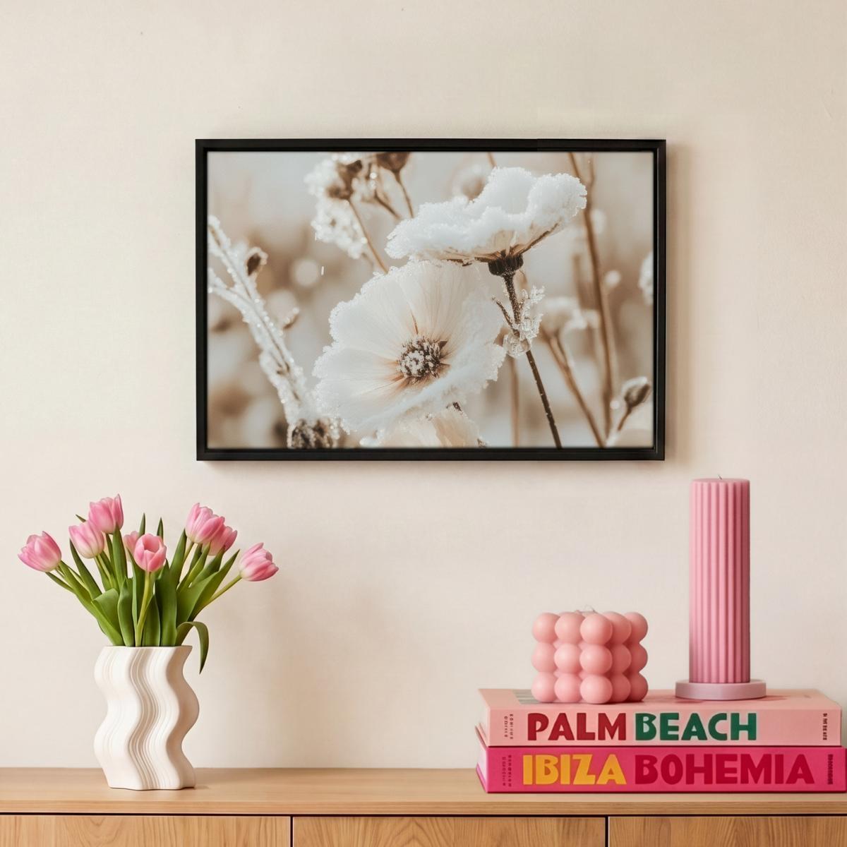 LEINWAND Bilder mit Rahmen - Blumen - Winter - Weiß - Schnee - Beige - 30x20 - Creme, Textil (30/20cm) - MuchoWow