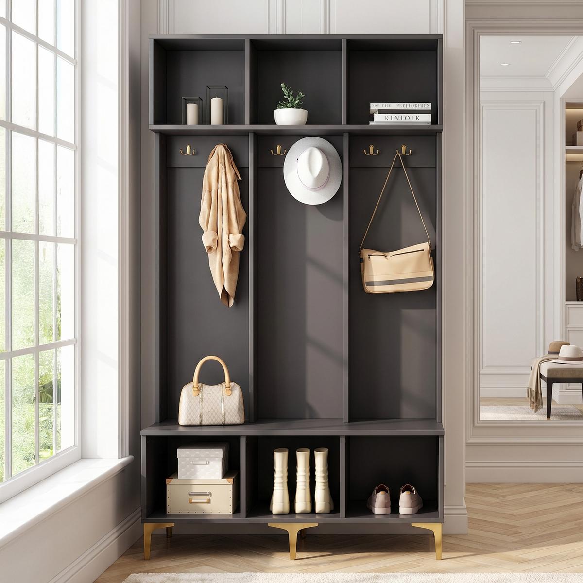 GARDEROBEN schwarz & gold, mit sitzbank und 6 haken - Schwarz, Holzwerkstoff (120/191/40cm) - Urban Meuble