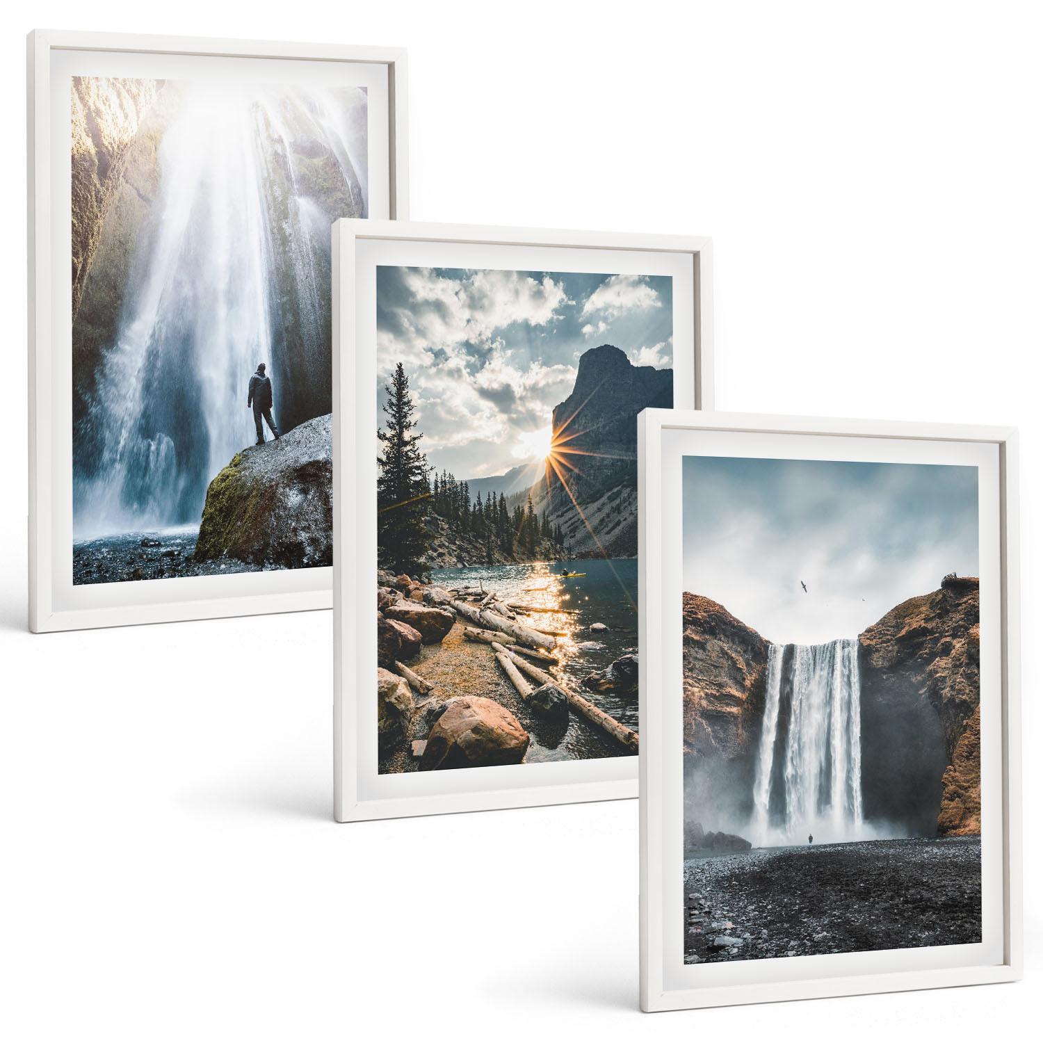 BILDER SET 3er Set - 40x60 cm Weißer Rahmen - Wasserfälle, Berge, Landschaften, Natur - Weiß, Kunststoff (40/60cm) - TULUP