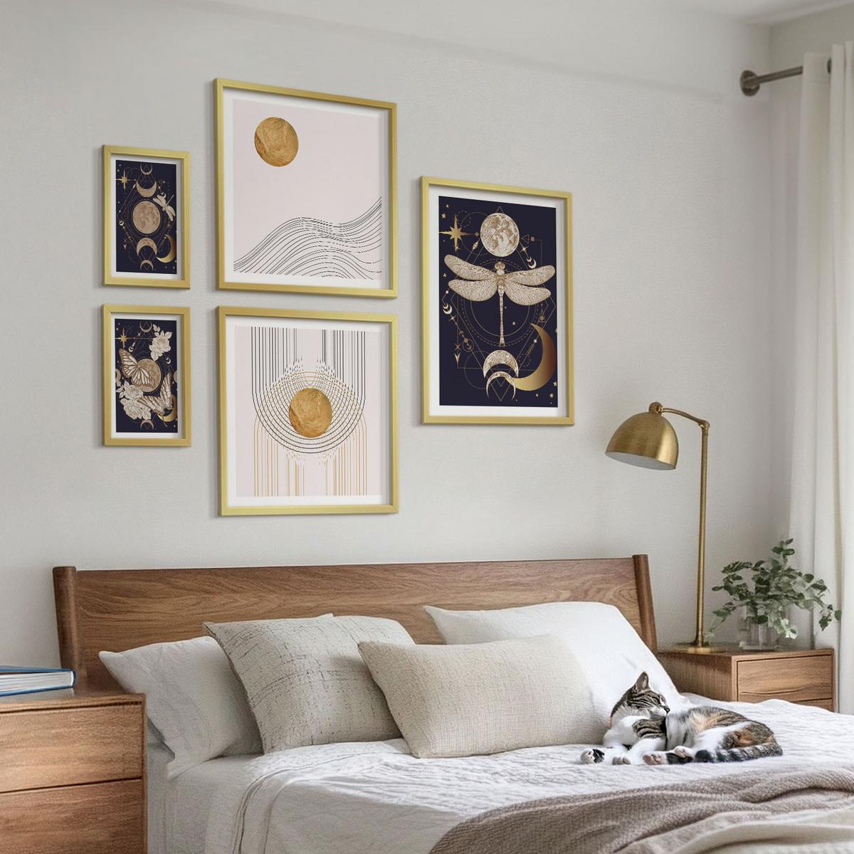 BILDER SET 5er Set - 50x50 cm & 20x30 cm & 40x60 cm Goldrahmen - Naturmotive mit dem Mond - Goldfarben, Kunststoff (40/60cm) - TULUP