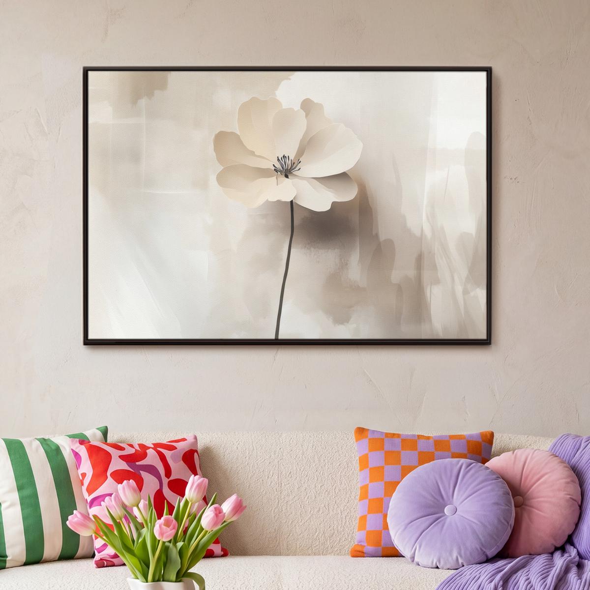 LEINWAND Bilder mit Rahmen - Blume - Beige - Farbe - Schatten - 90x60 - Creme, Textil (90/60cm) - MuchoWow
