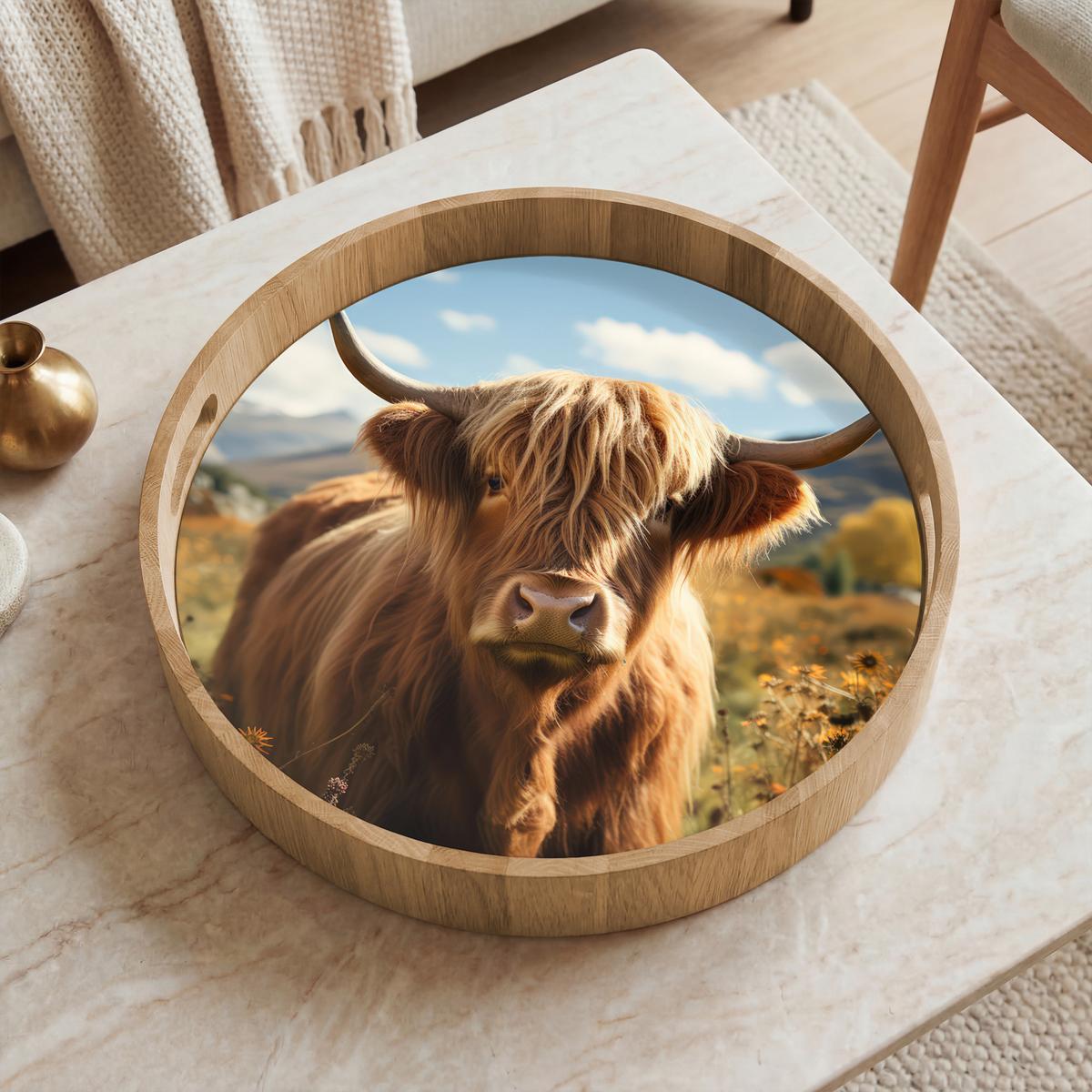 TABLETT Schottische Highlander - Blumen - Hörner - Wolken 40x40 cm - Braun, Holz (40/5/5cm) - OnlyWow