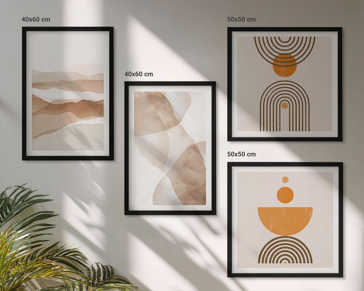 BILDER SET 4er Set - 50x50 cm & 40x60 cm Schwarzer Rahmen - Strukturen schattieren Minimalismus - Schwarz, Kunststoff (50/50cm) - TULUP