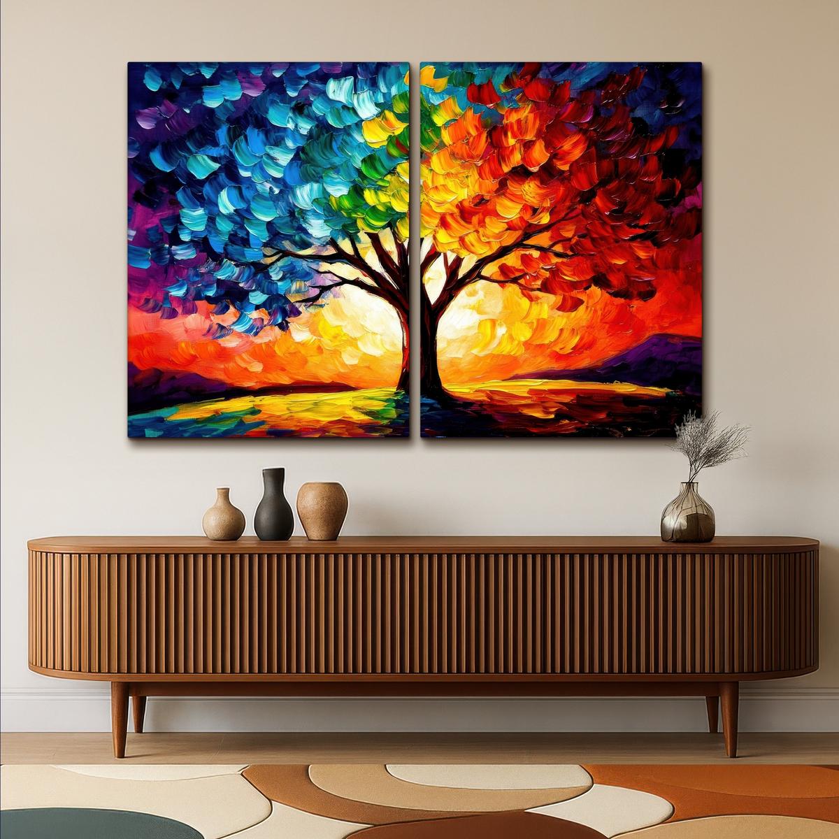 LEINWANDBILD 2er Set Baum - Farbenfroh - Malerei-Look - Abstrakt 180x120 cm - Multicolor, Textil (180/120cm) - MuchoWow