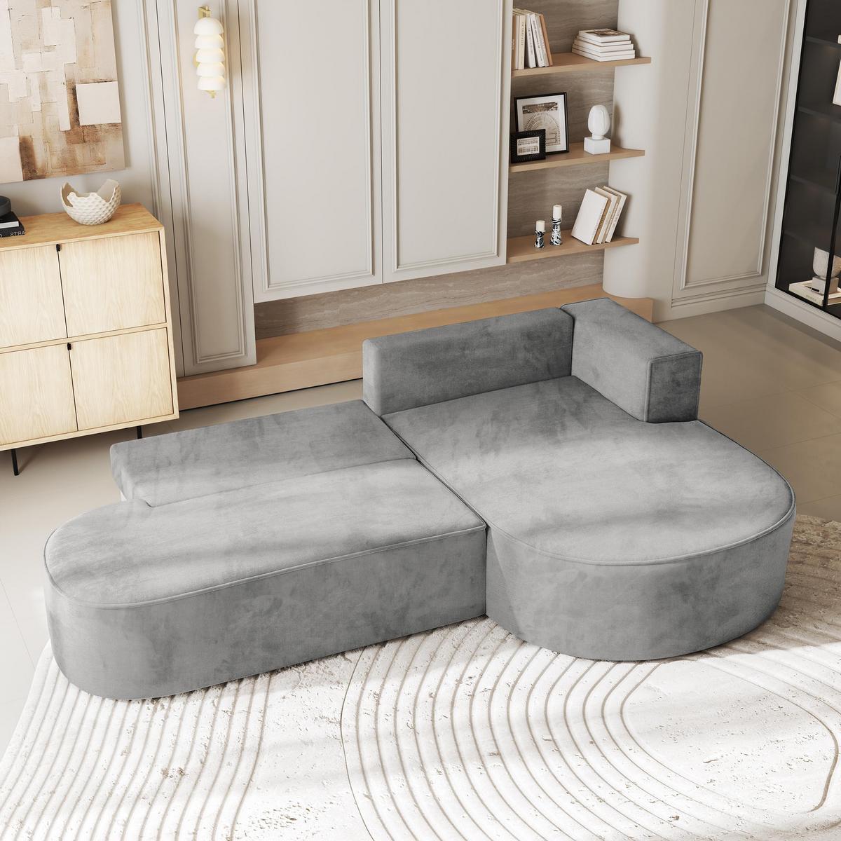 ECKSOFA CORTIO M R-S Hellgrau Velours-Stoff mit Schlaffunktion - Hellgrau/Grau, Holz/Kunststoff (265/174cm) - MASSENO