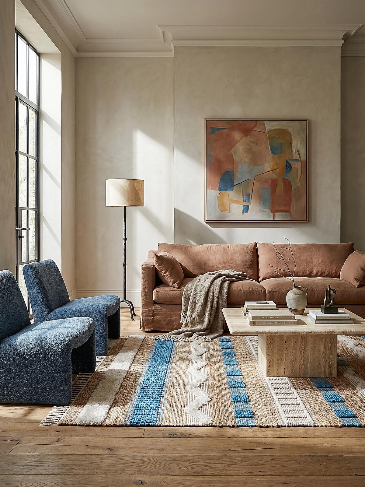 JUTETEPPICH handgewebt mit Fransen WHARFE, im Ethno-Stil, Natur-Blau, 120 x 170 cm - Blau, Textil (170/120cm) - KADIMA DESIGN