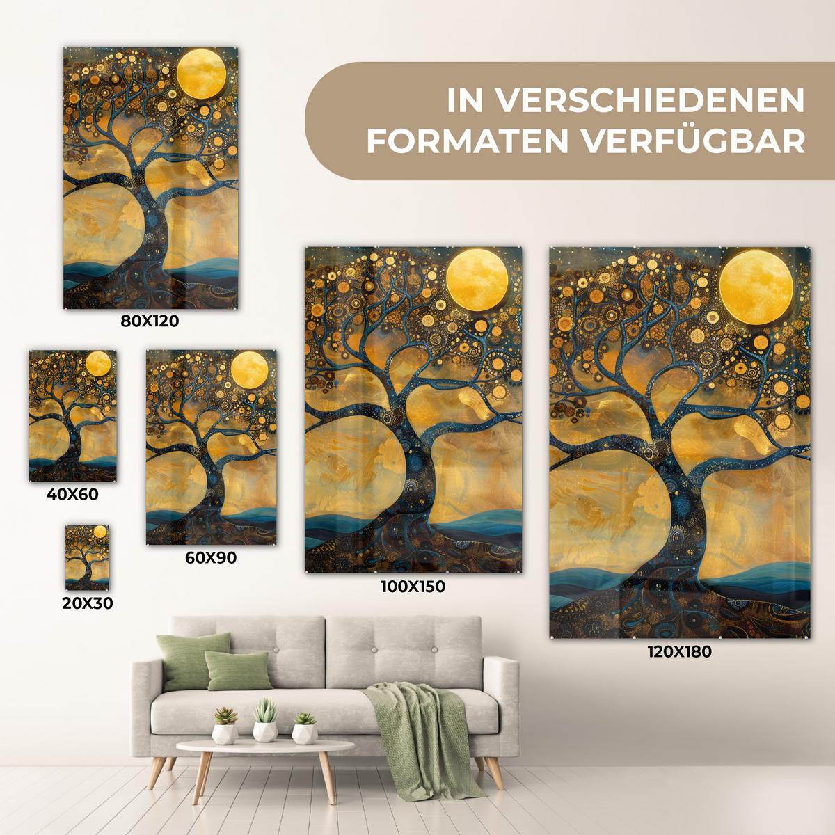 ACRYLGLASBILD Baum - Mond - Blumen - Gold - Kunst 80x120 cm - Orange, Glas (80/120cm) - MuchoWow