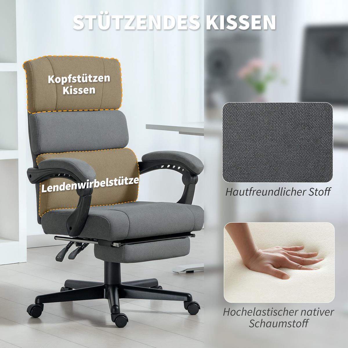BÜROSTUHL, Ergonomischer Schreibtischstuhl mit Samt-Optik Fußstütze Dunkelgrau - Dunkelgrau, Textil (56/115/68.5cm) - HOMCOM