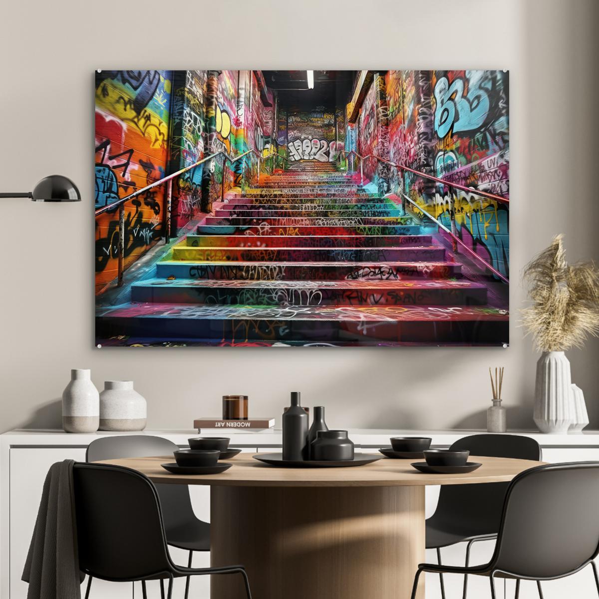 ACRYLGLASBILD Treppe - Graffiti - Farben - Kunst Wandbild Schlafzimmer 120x80 cm - Multicolor, Glas (120/80cm) - MuchoWow