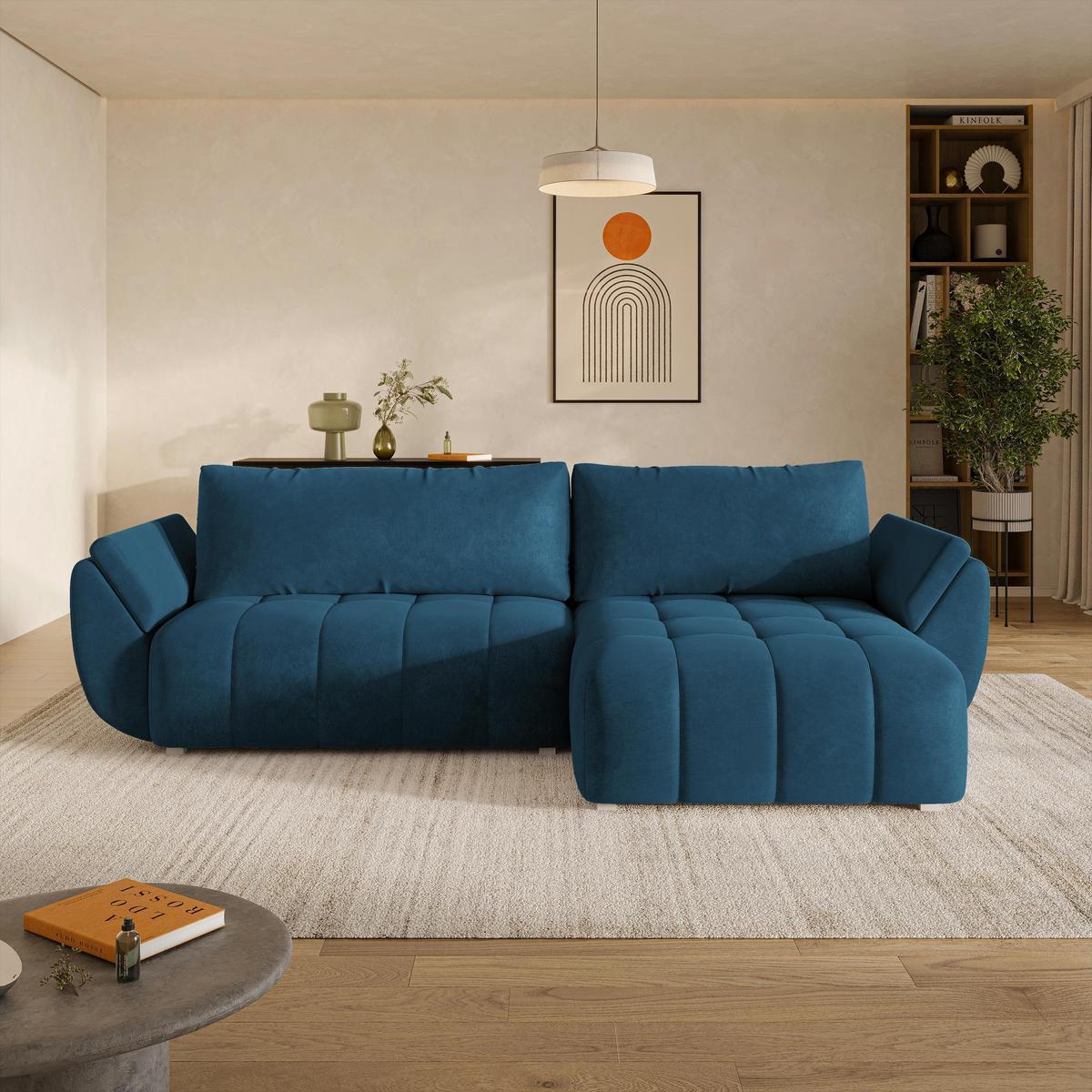 ECKSOFA OLSI Blau Velours-Stoff mit Schlaffunktion - Blau, Holz (285/148cm) - MASSENO