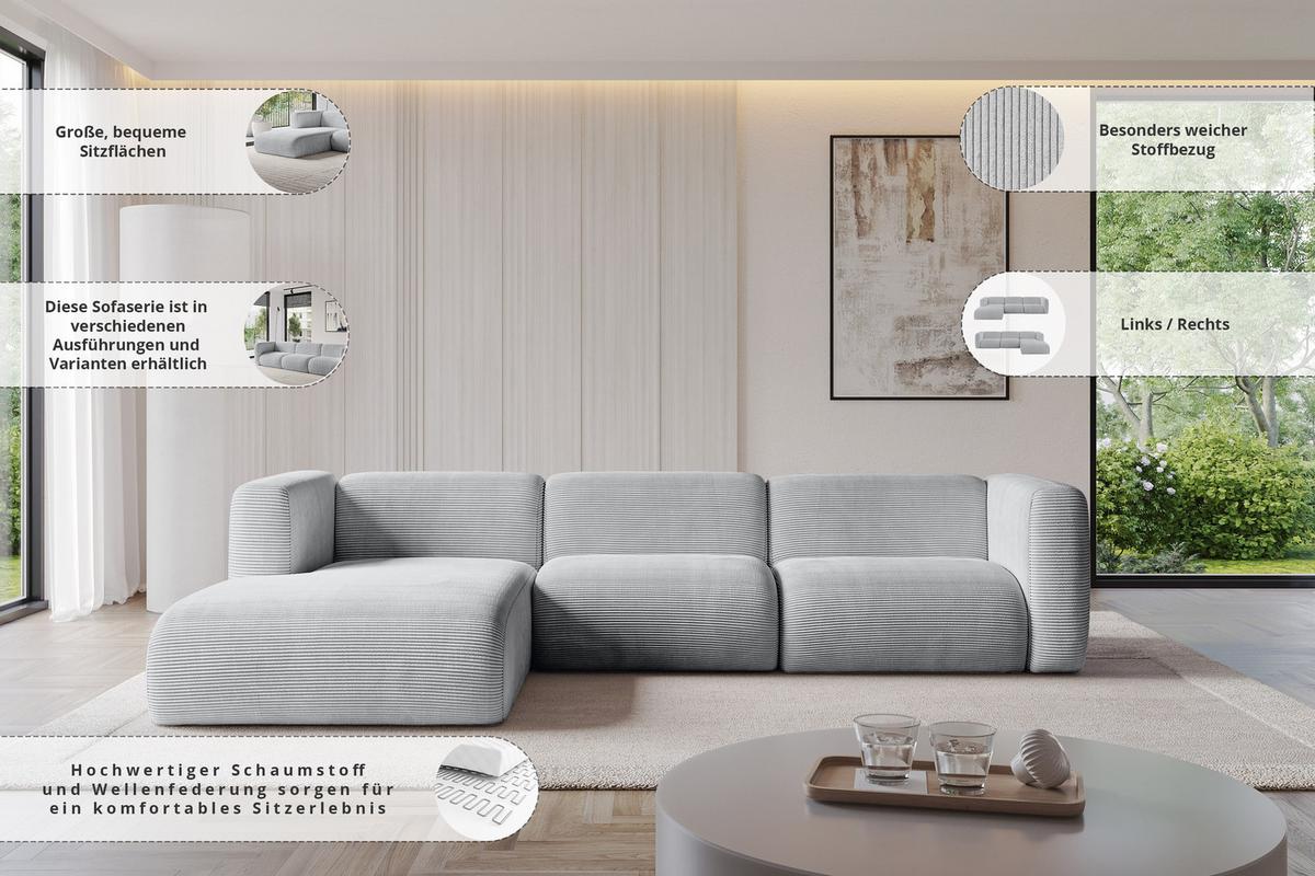 ECKSOFA Ottomane Links MIRA-L2 318x179x89 Beige Velours - Beige/Schwarz, Holzwerkstoff/Kunststoff (318/179cm) - ALTDECOR