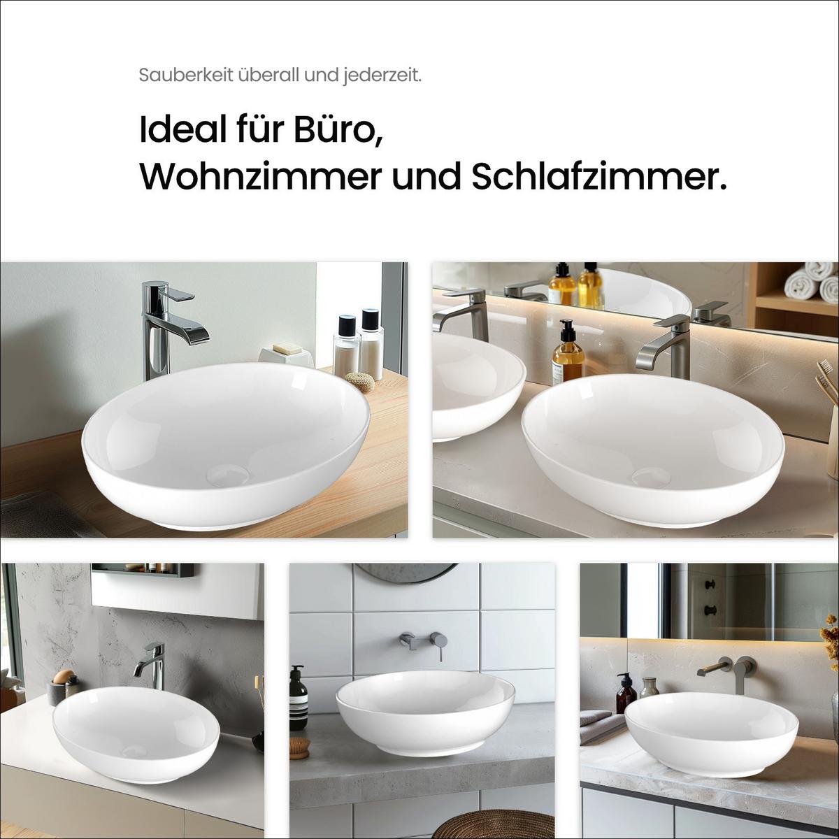 WASCHBECKEN Oval Keramik Weiß Glänzend 52 / 39 / 14 cm - Weiß, Keramik (52/13/39.5cm) - EMKE