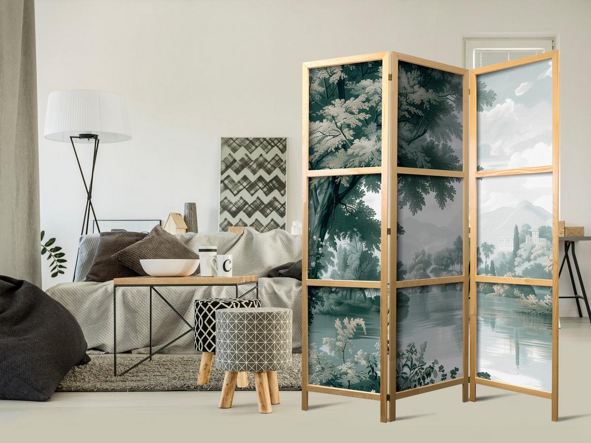 PARAVENT Japanischer 3-tlg 135x172 cm Gr ne Landschaft - Grün, Holz/Textil (135/172/3cm) - Muralo