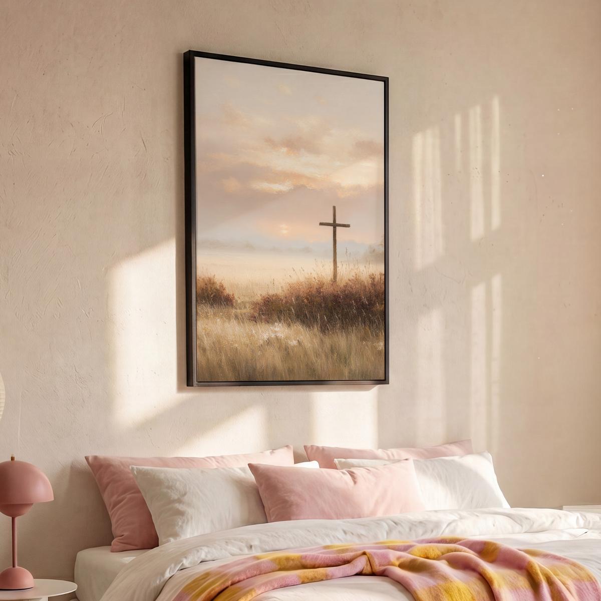 LEINWAND Bilder mit Rahmen - Gras - Morgennebel - Kreuz - Christentum - 80x120 - Beige, Textil (80/120cm) - MuchoWow