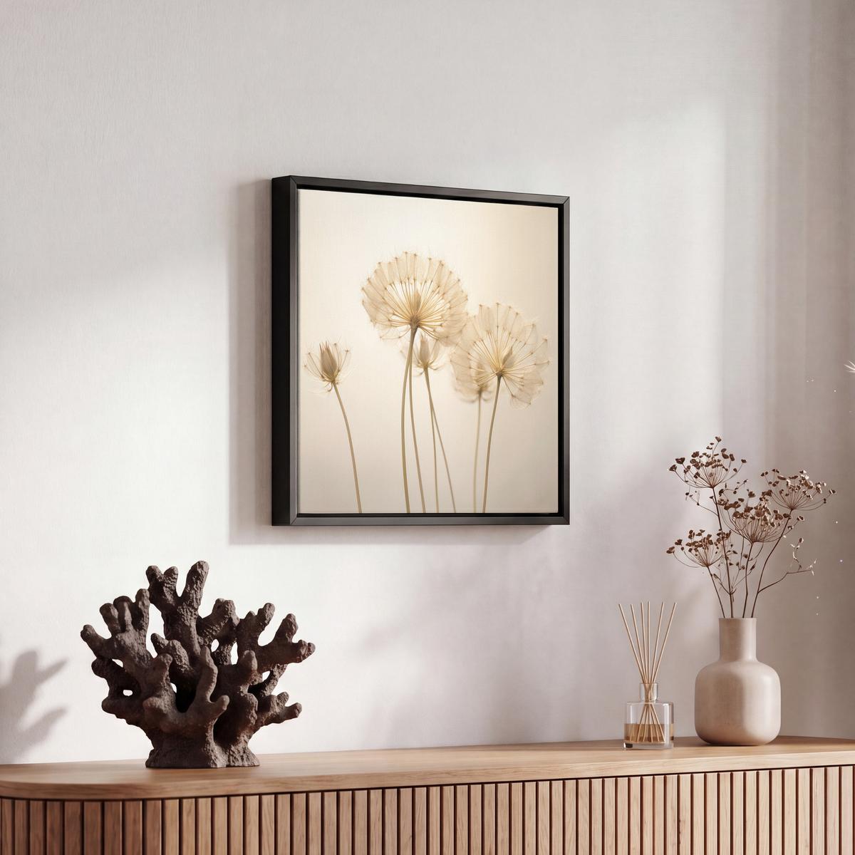 LEINWAND Bilder mit Rahmen - Sonnenlicht - Löwenzahn - Botanisch - Blumen - 20x20 - Creme, Textil (20/20cm) - MuchoWow