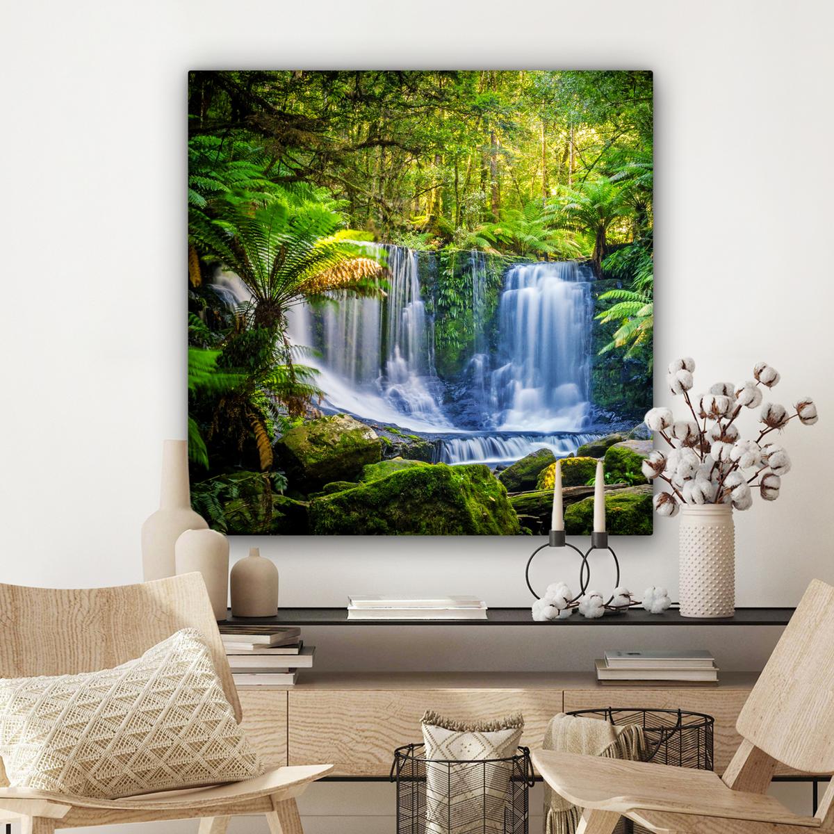 LEINWANDBILD Dschungel - Wasserfall - Australien - Pflanzen - Natur Deko Groß 90x90 cm - Dunkelgrün, Textil (90/90cm) - MuchoWow