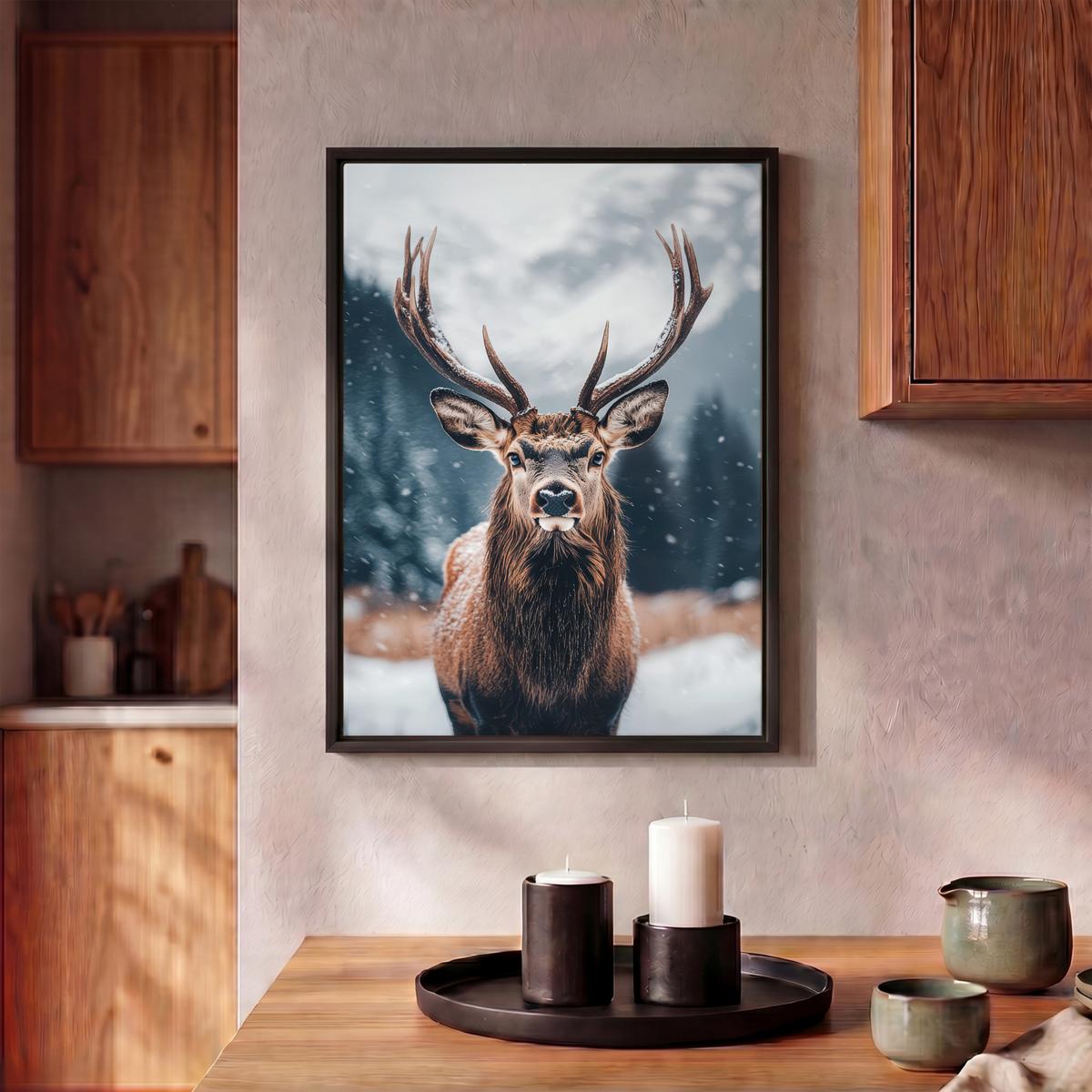 LEINWAND Bilder mit Rahmen - Hirsche - Tiere - Landschaft - Winter - Schnee - 30x40 - Kastanienfarben, Textil (30/40cm) - MuchoWow