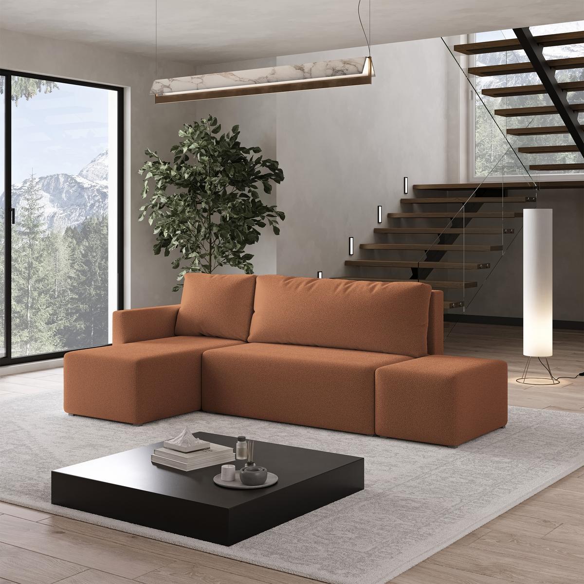 ECKSOFA VELOTTI L-S Kupferfarben Boucle-Stoff mit Schlaffunktion - Kupferfarben, Holz (261/143cm) - MASSENO