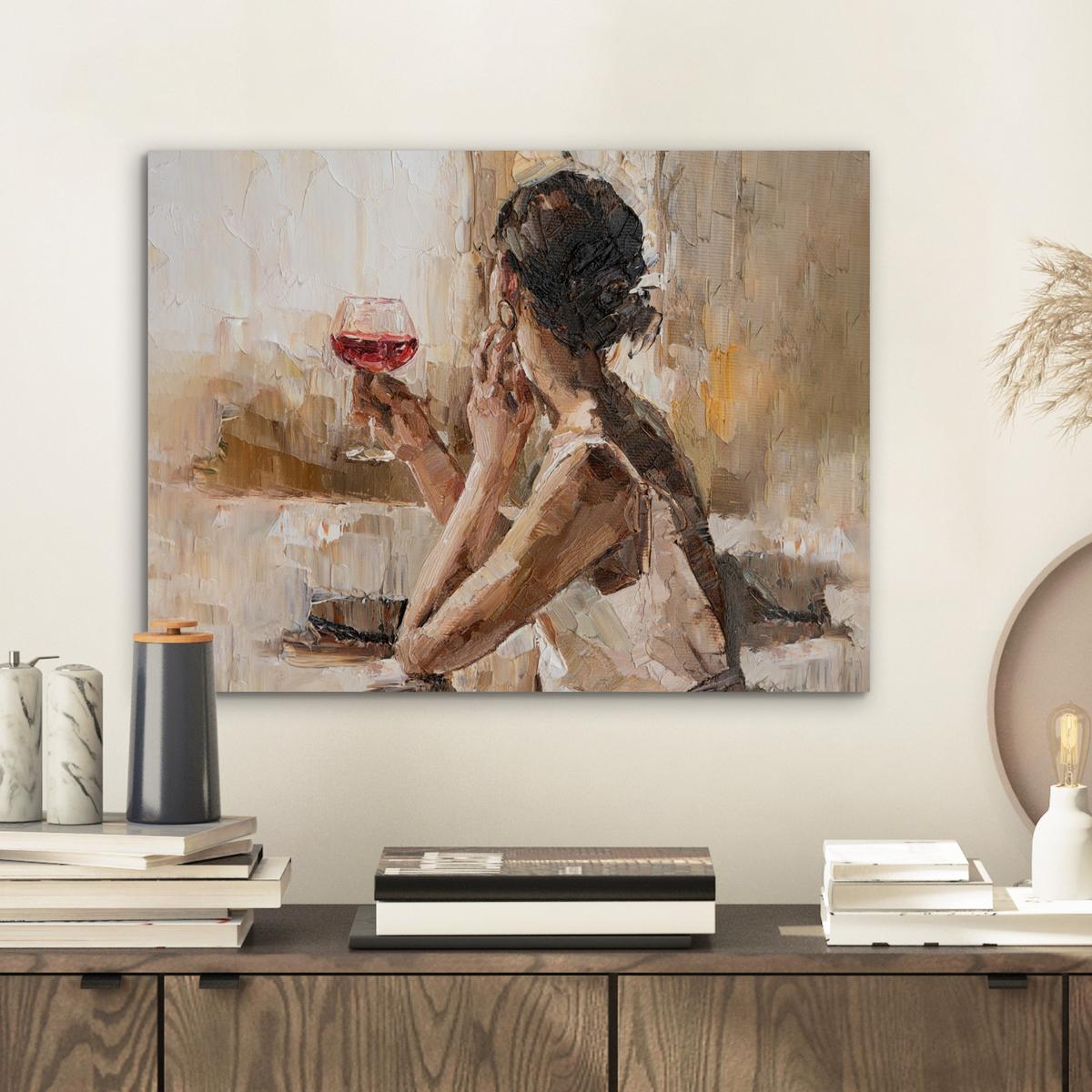 METALLBILD Ölgemälde - Frau - Wein 40x30 cm - Hellbraun, Metall (40/30cm) - MuchoWow