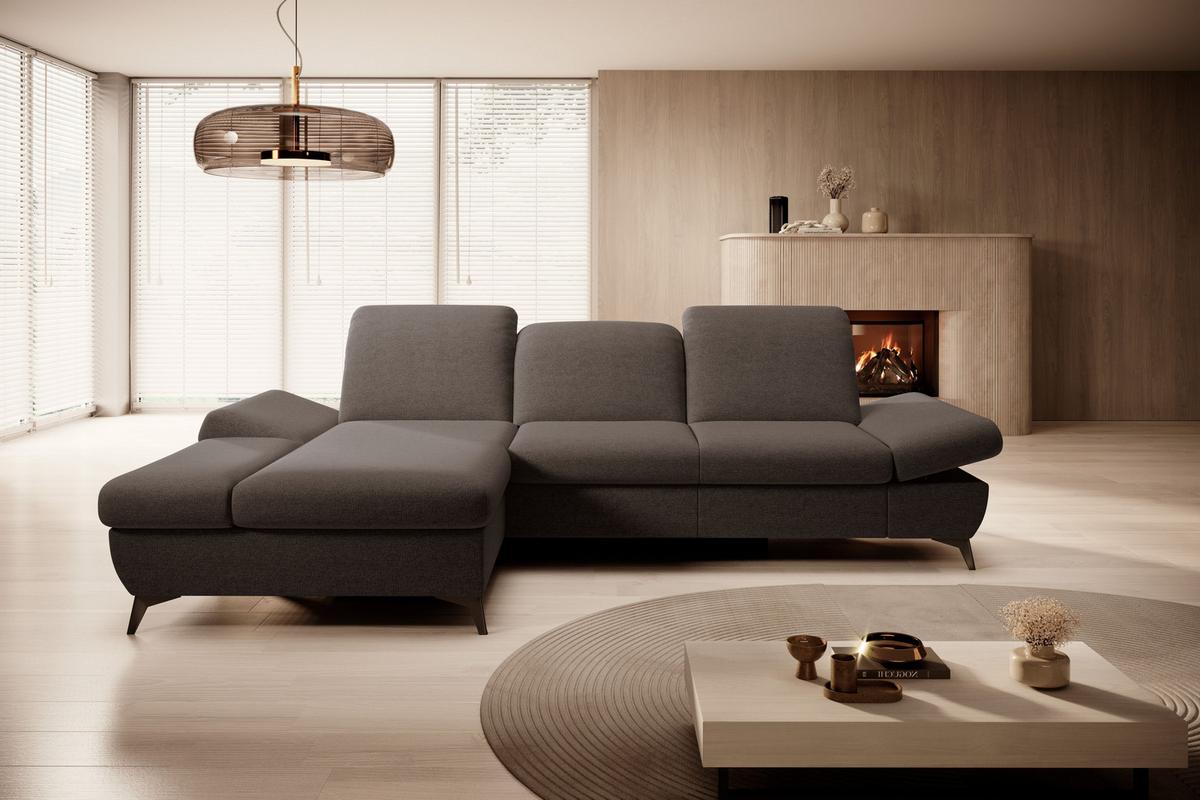 ECKSOFA FELICE L-S Braun Geflochtener Stoff mit Schlaffunktion - Mokka, Holz (284/166cm) - MASSENO