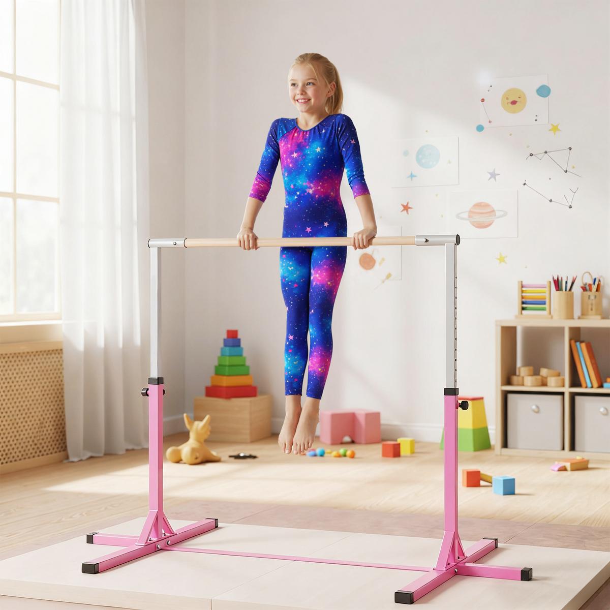 GYMNASTIK Turnreck Reckstange Turnstangen 13-stufige höhenverstellbar Rosa - Rosa, Metall (121/194cm) - HOMCOM