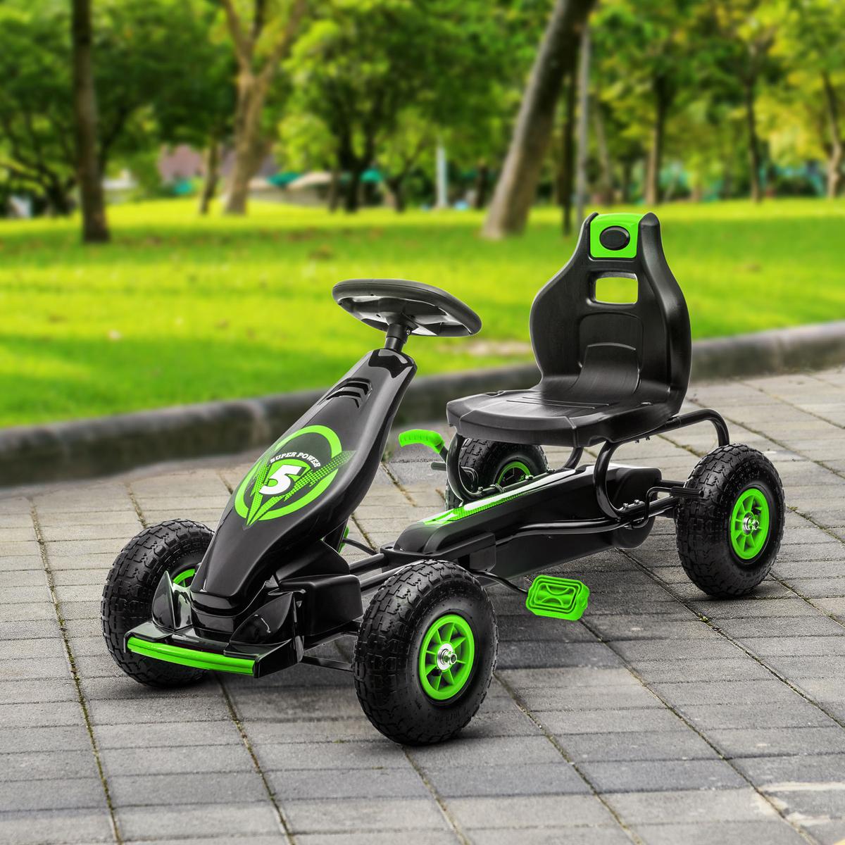 GOKART, Kinderfahrzeug mit verstellbarem Schalensitz, Tretauto, Grün+Schwarz - Grün, Metall (121/58/61cm) - HOMCOM