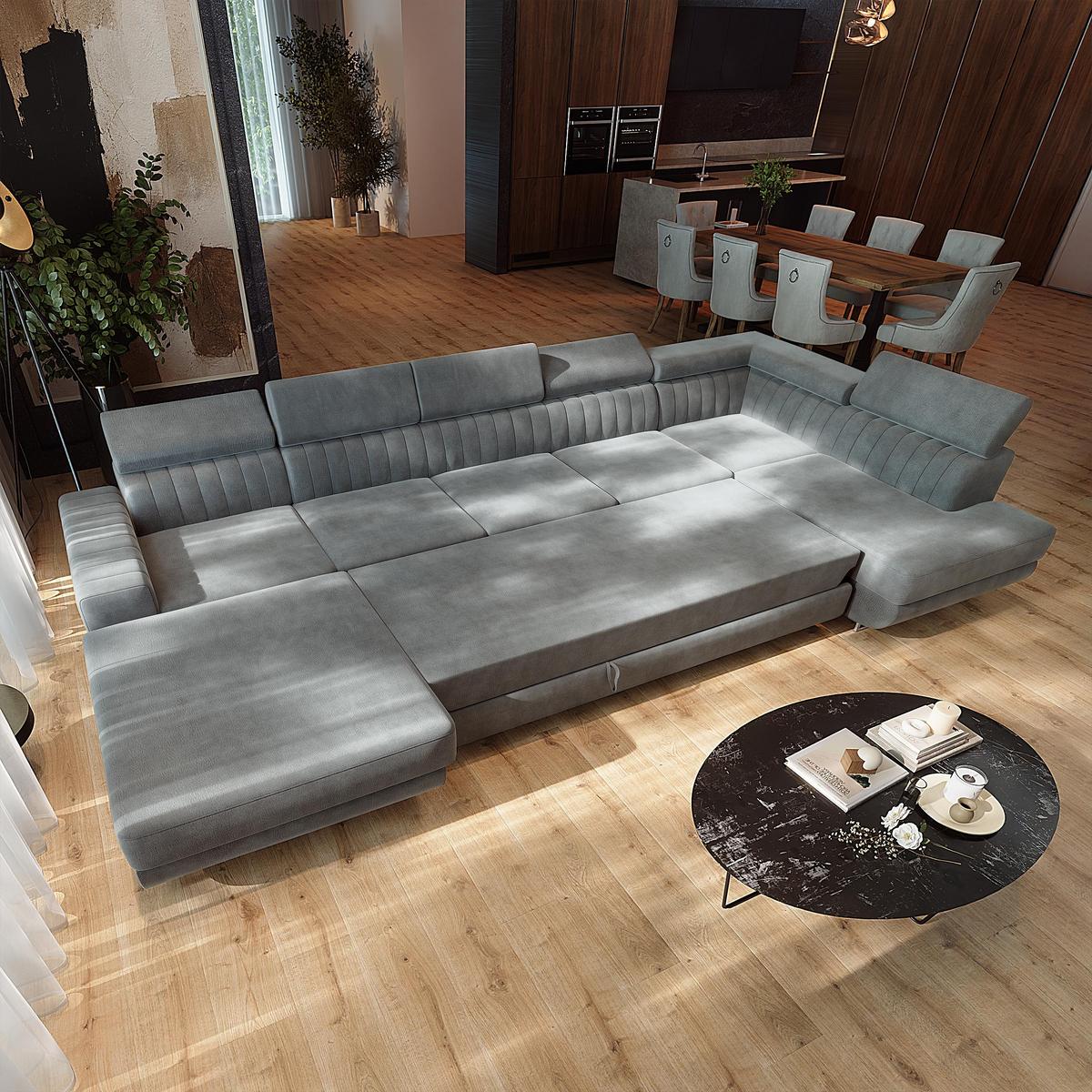 WOHNLANDSCHAFT GAIAN Hellgrau Velours-Stoff mit Schlaffunktion - Hellgrau, Holz (412/88/190cm) - MASSENO