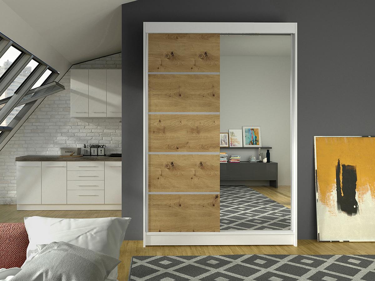 SCHWEBETÜRENSCHRANK Lino III - Weiß/Eiche Artisan, Holzwerkstoff/Metall (120/200/58cm) - MIRJAN24