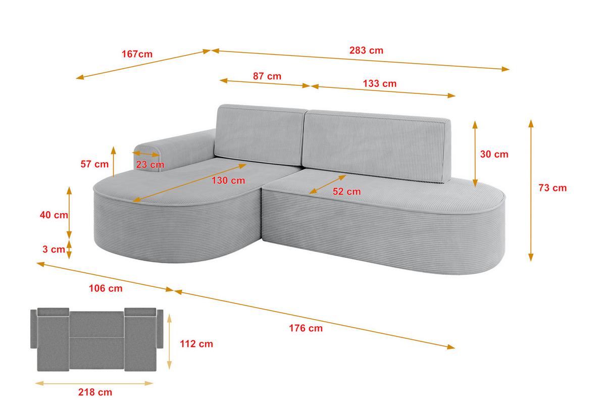 ECKSOFA mit Schlaffunktion und Bettkasten Ottomane Links MARI-L1-S - 283x167x73 cm Grau Cord - Graphitfarben/Schwarz, Holzwerkstoff/Kunststoff (283/167cm) - ALTDECOR