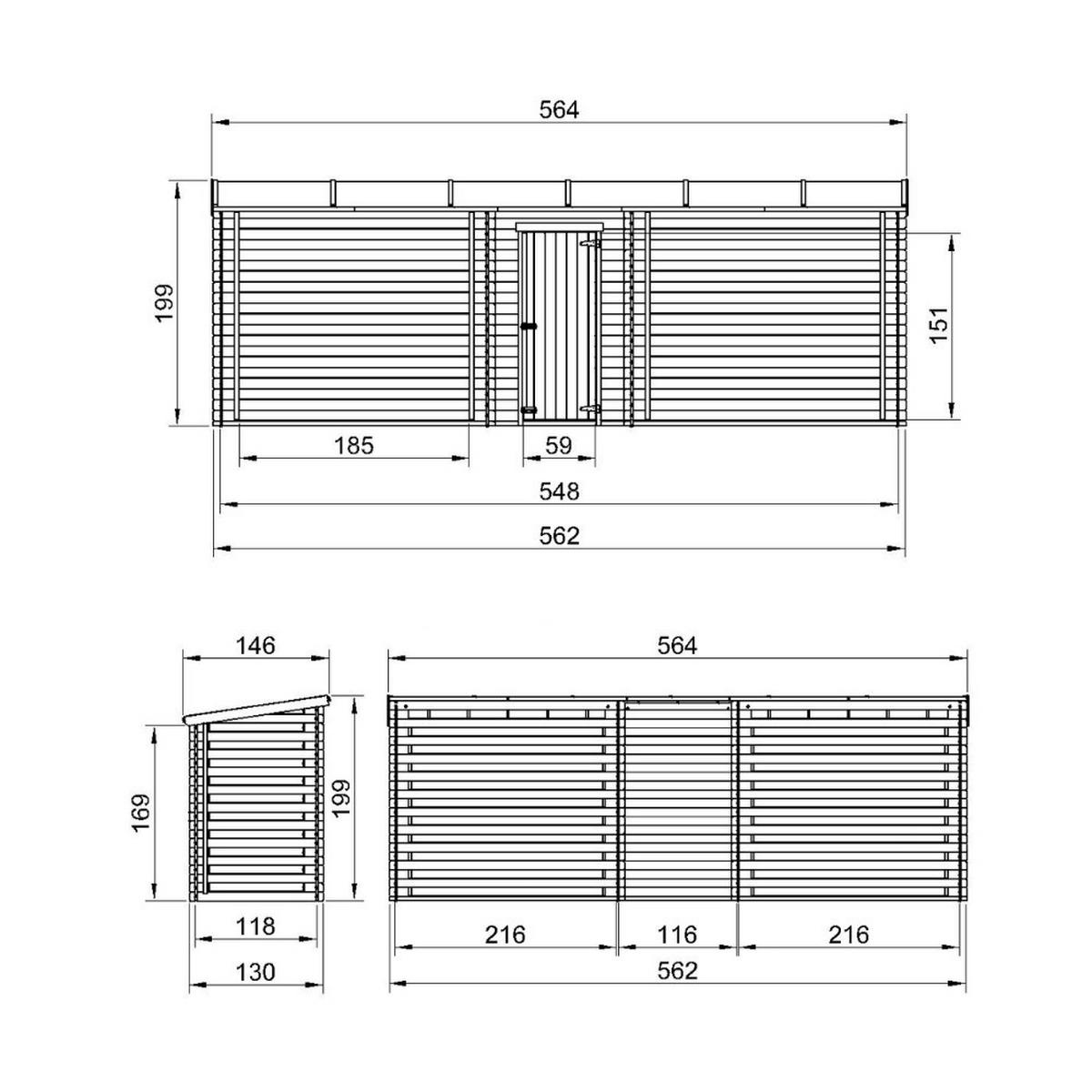 BRENNHOLZLAGER aus Holz mit geschlossenem Stauraum 6,18 m², zwei Lagerbereiche für ca. 7,38 m³ Brennholz, 564 x 146 x 199 cm (B x T x H) - Naturfarben, Holz (564/199/146cm) - Timbela