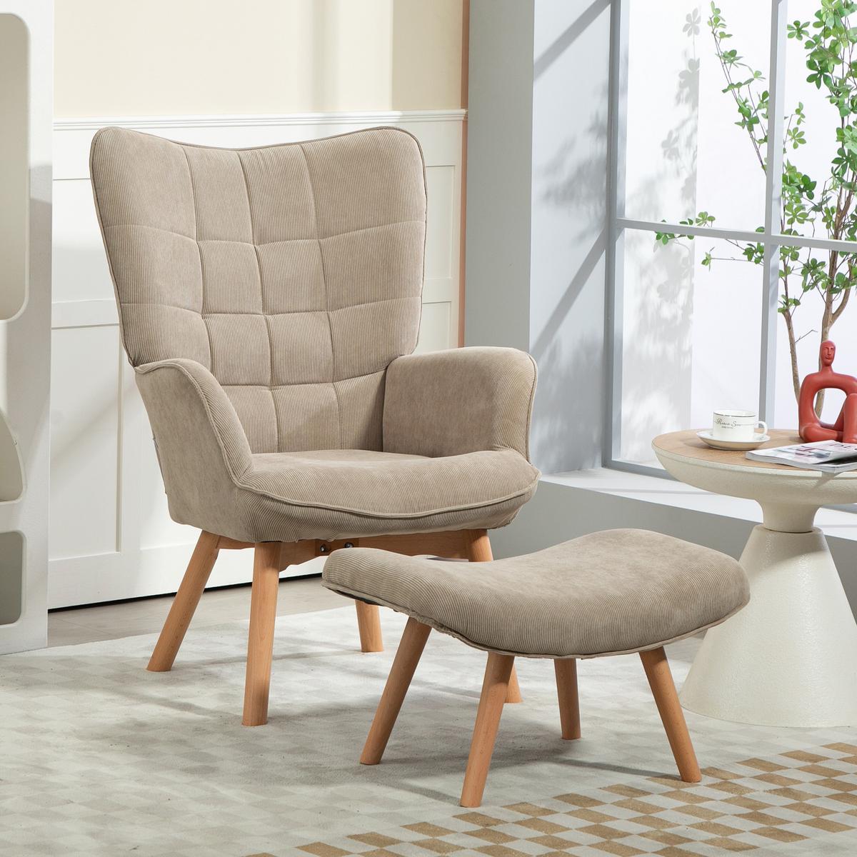 OHRENSESSEL mit Hocker, Relaxsessel, Polstersessel in Cord-Optik, mit Holzbeine - Hellbraun/Braun, Buchenholz/Textil (72/101/80cm) - HOMCOM