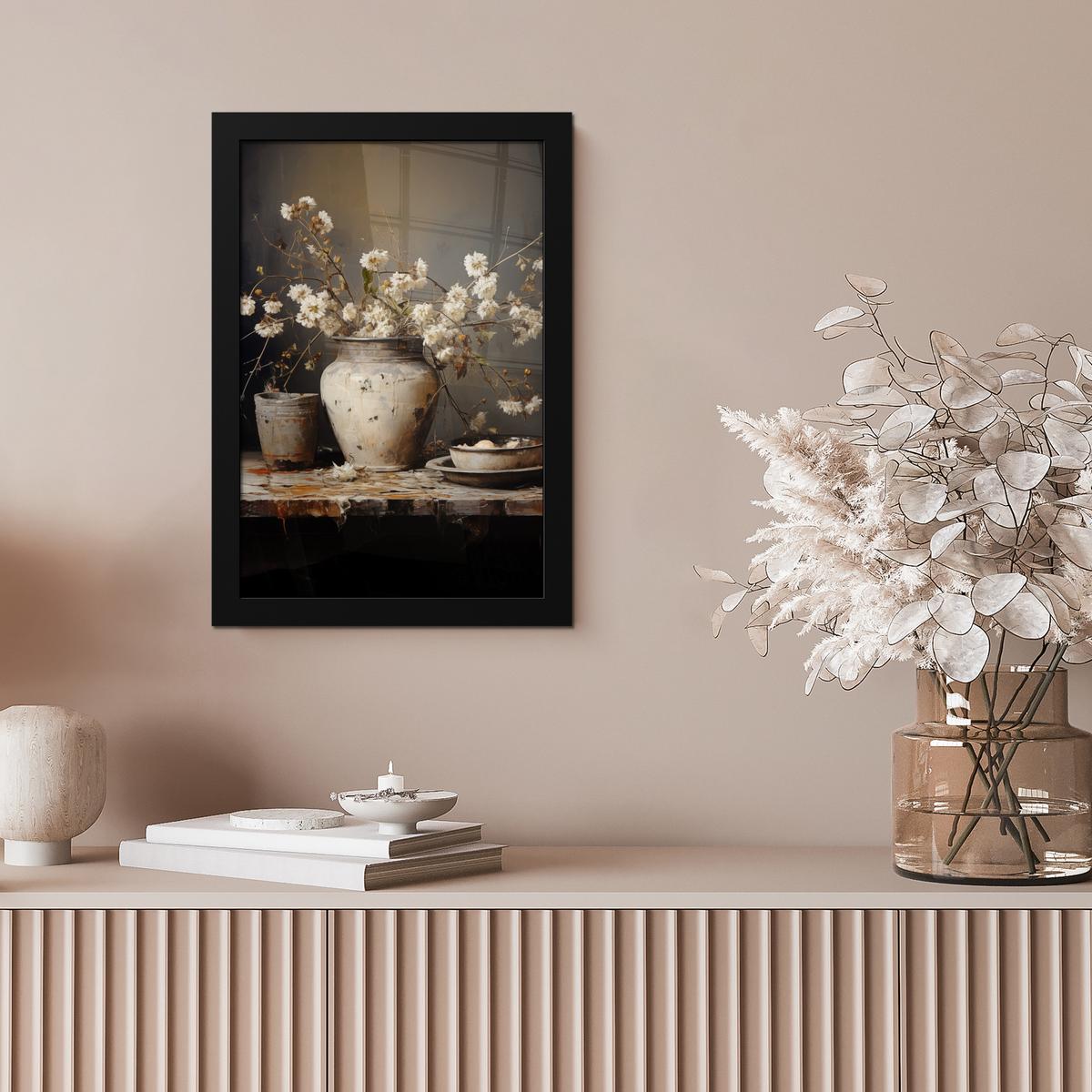 POSTER MIT RAHMEN Stilleben - Blumen - Blumenstrauß - Vase - Wein Poster 20x30 cm - Schwarz, Papier (20/30cm) - MuchoWow