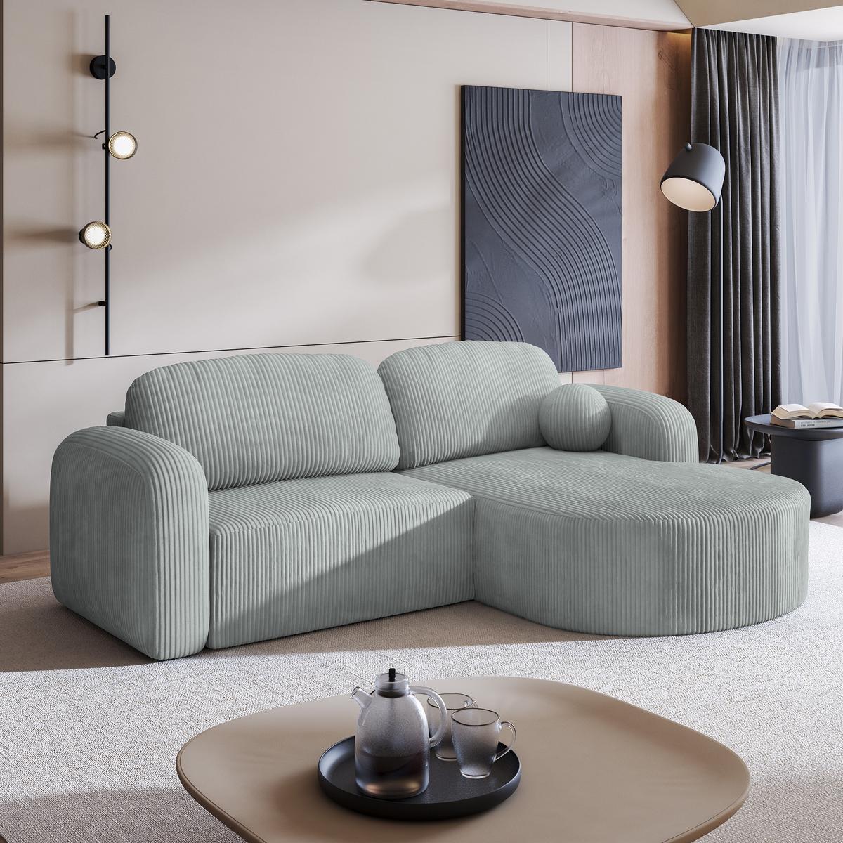 ECKSOFA AMILIA P R-S Hellgrau Kordstoff mit Schlaffunktion - Hellgrau, Holz (263/174cm) - MASSENO