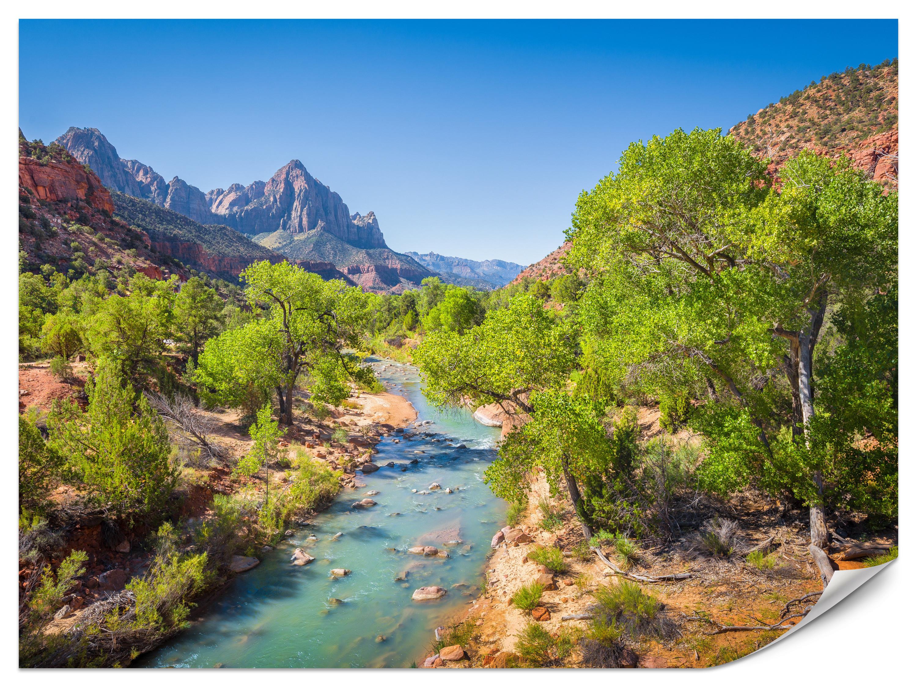 FOTOTAPETE für Esszimmer Virgin River Bäume Felsen Berge Natur 500x350 - Türkis/Blau, Papier (500/350cm) - Muralo