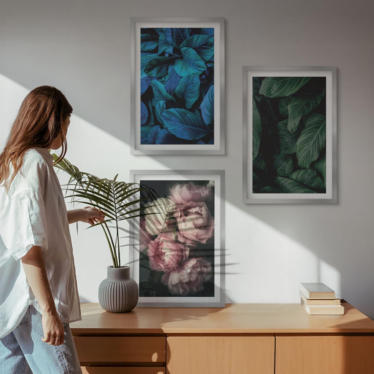 BILDER SET 3er Set - 40x60 cm Silberner Rahmen - Blätter, Blüten, verschiedene Farben - Silberfarben, Kunststoff (40/60cm) - TULUP