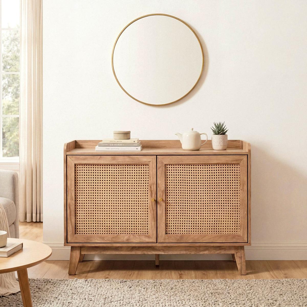 SIDEBOARD 2 Türen mit Rattan-Geflecht L110 cm - PALMO - Eschefarben, Holzwerkstoff (39/74.5/13cm) - Calicosy