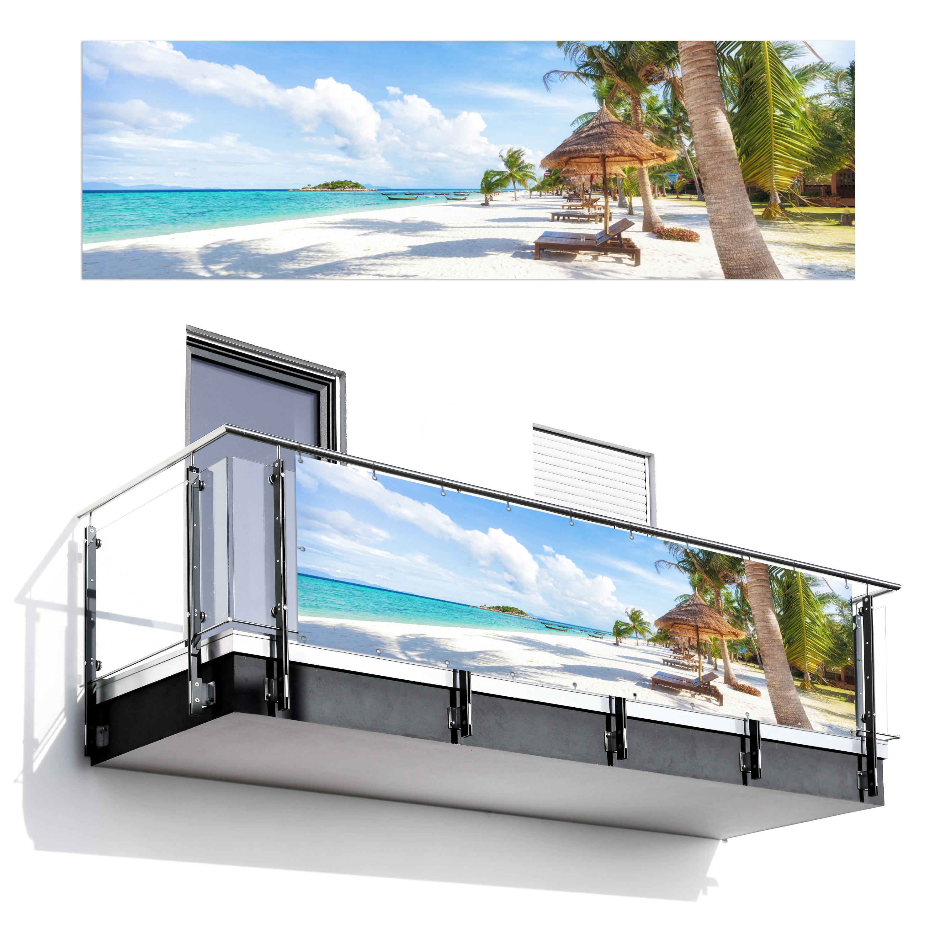 BALKON-SICHTSCHUTZ Strand - Meer - Palmen Windschutz 300x95 cm - Hellblau, Kunststoff (300/95cm) - MuchoWow