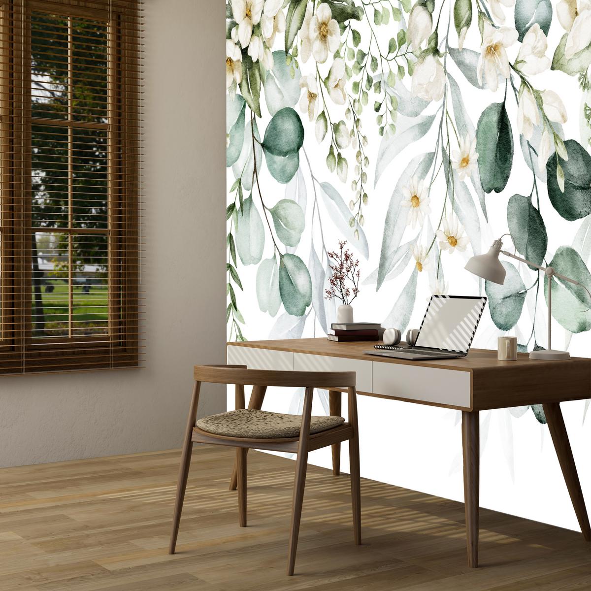 FOTOTAPETE für Schlafzimmer Aquarell Blätter Blumen Weiß 350x256 - Gelb/Weiß, Papier (350/256cm) - Muralo