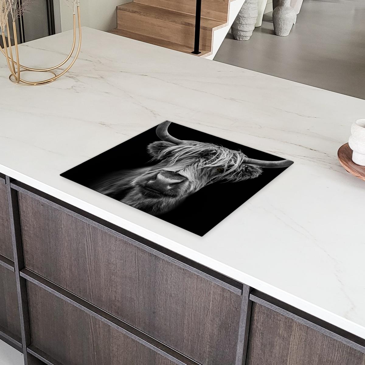 HERDABDECKPLATTE Schottischer Highlander - Hörner - Schwarz - Weiß - Kuh - Wild - Tiere Abdeckung Ceranfeld 58.3x51.3 cm - Schwarz, Kunststoff (58.3/51.3/0.2cm) - MuchoWow