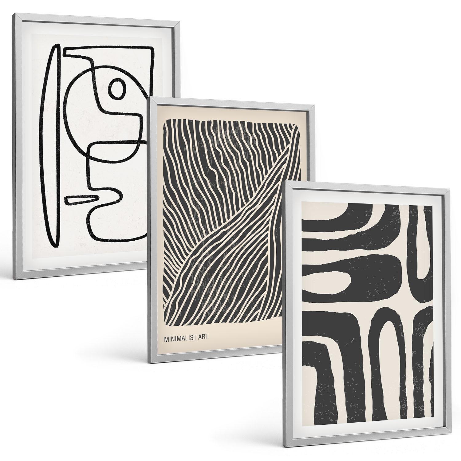 BILDER SET 3er Set - 40x60 cm Silberner Rahmen - Abstrakte Muster, Linien, Texturen - Silberfarben, Kunststoff (40/60cm) - TULUP