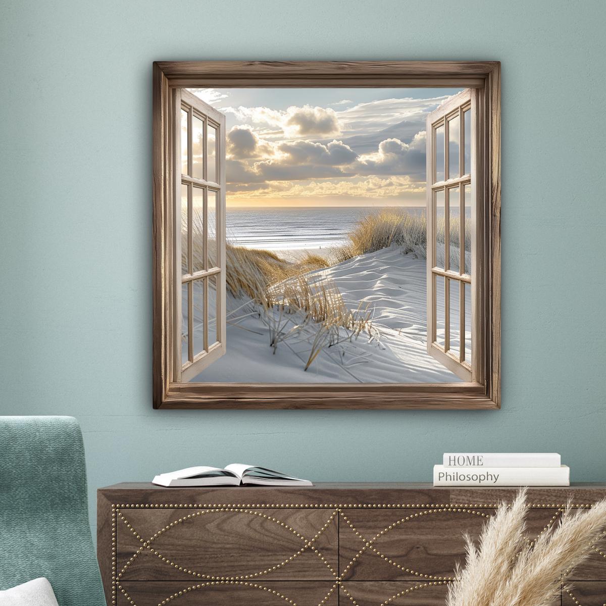 LEINWANDBILD Ausblick - Strand - Dünen - Meer - Natur Deko Groß 90x90 cm - Sandfarben, Textil (90/90cm) - MuchoWow