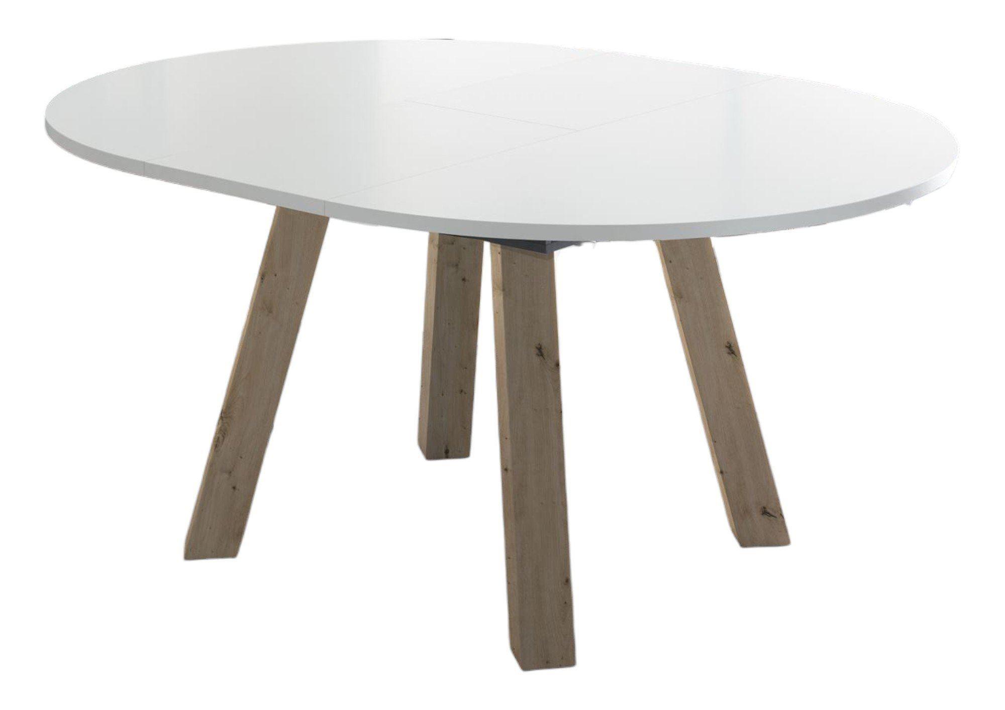 ESSTISCH Rund ausziehbar Edda 1 130 x 130 x 78 Küchentisch Asteiche/Weiß Matt Lack - Weiß, Holz (130/130/78cm) - 58aufmkessel