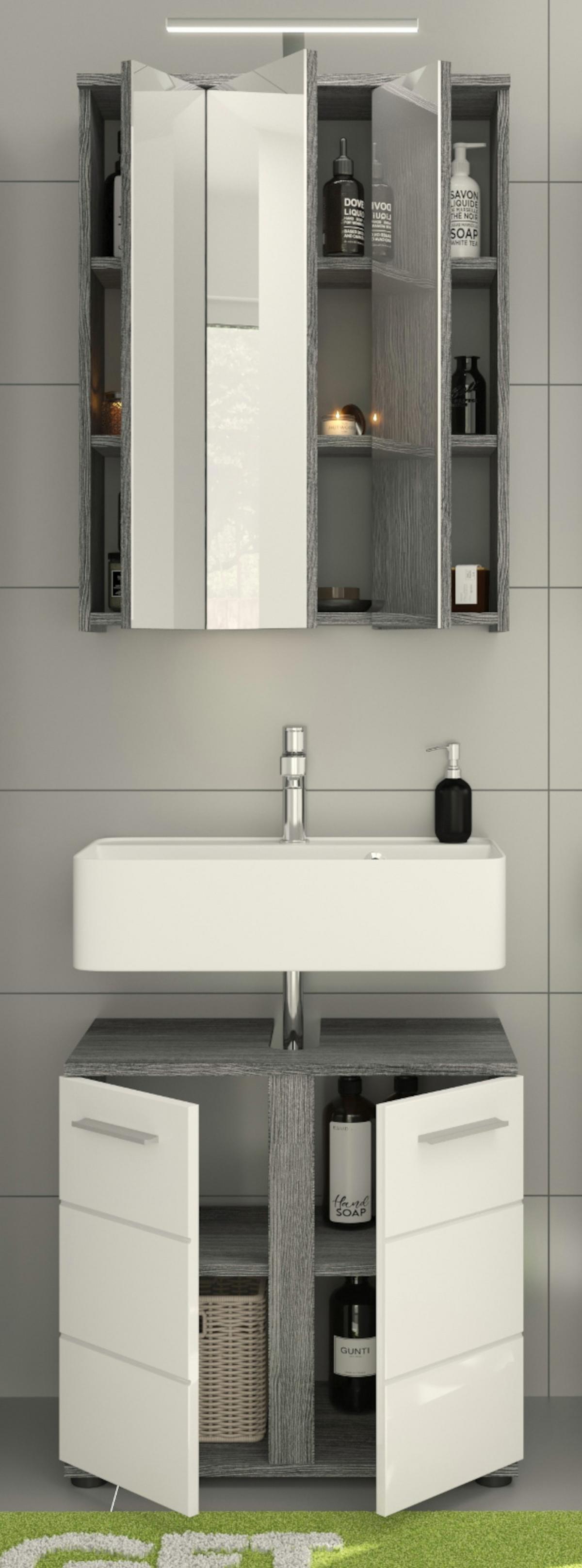 BADMÖBEL-SET weiß Hochglanz, grau 2-teilig 60 cm, 11 Fächer - Weiß Hochglanz/Grau, Glas/Holzwerkstoff (60/191/34cm) - Inn.Furn