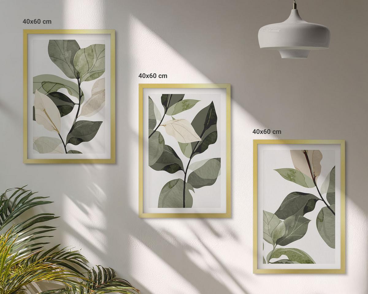 BILDER SET 3er Set - 40x60 cm Goldrahmen - Bemalte Boho-Pflanzenblätter - Goldfarben, Kunststoff (40/60cm) - TULUP