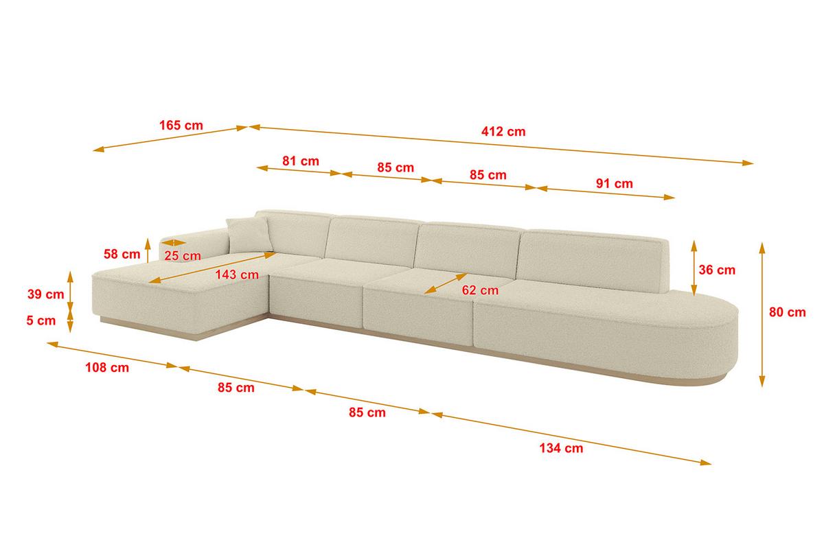 ECKSOFA Ottomane Links IREA-L3 - 412x165x80 cm Beige - Hellbraun/Creme, Holzwerkstoff/Textil (412/165cm) - ALTDECOR