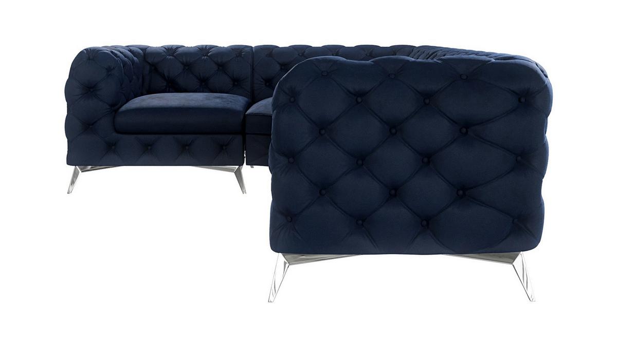 ECKSOFA Chesterfield Laura Marineblau Samt, Ottomane Links - Silberfarben/Dunkelblau, Holz/Textil (264/204cm) - S-Style Möbel
