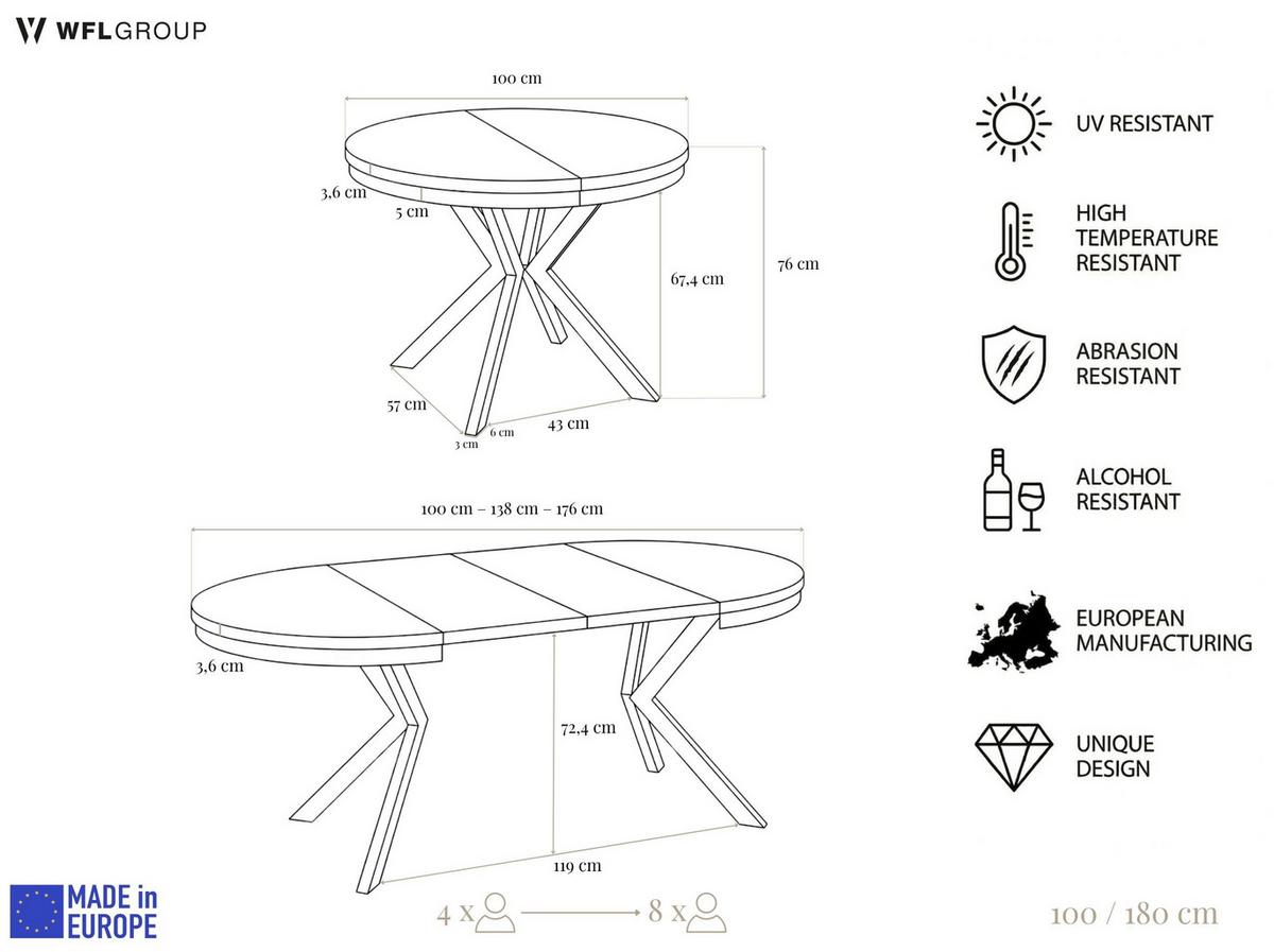 ESSTISCH Cloud runder ausziehbarer, Lancelot Eiche 100-180/100/76 cm - Eichefarben/Weiß, Holzwerkstoff/Metall (100/180/76cm) - WFL GROUP